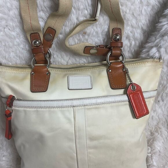 Coach Hampton off white  nylon and leather tan & orange trims satchel - Picture 5 of 15